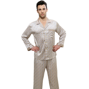 高级感丝绸长袖长裤富贵微弹色丁软缎有光泽丝质淡色印花男士睡衣