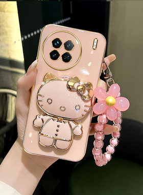 适用vivox90手机壳女款x80可爱猫咪补妆镜支架x60/x70/x50/x30/x27保护套x90pro硅胶防摔x60t粉色高级感外壳