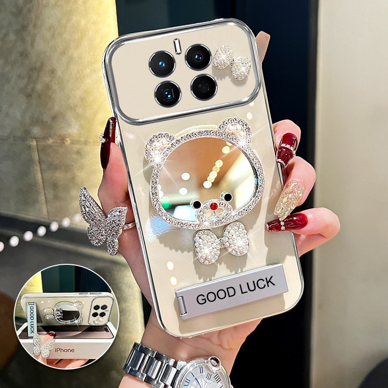 适用于华为mate50手机壳mate50e领结熊补妆镜mate5