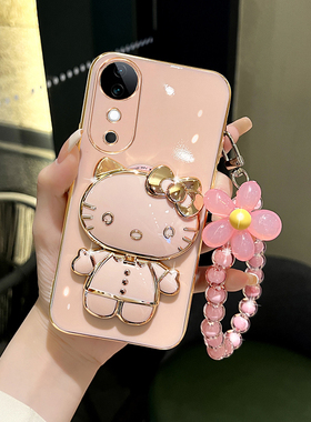 适用vivos19手机壳新款vivos19pro可爱猫咪补妆镜子支架s19保护套s19pro网红女款硅胶全包防摔