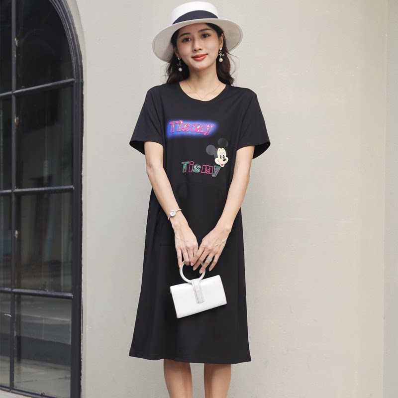 石头鱼2024新款大码女装夏季胖mm200斤短袖显瘦韩版洋气连衣长裙