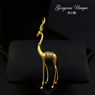 米小图2028精致复古艺术小鹿胸针古金色高端时尚 动物胸花别针配饰