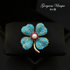 1877 幸运草  微镶蓝松石四叶草胸针精致高档民族风胸花别针饰品