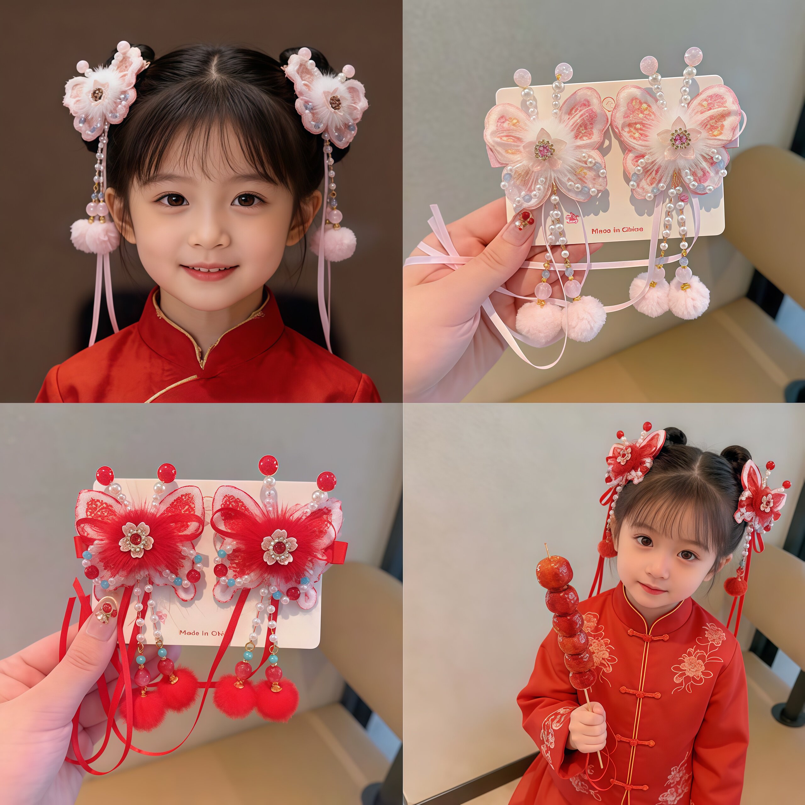 新年味红色喜庆公主蝴蝶对夹女童发饰小孩毛球发夹长飘带头饰发卡