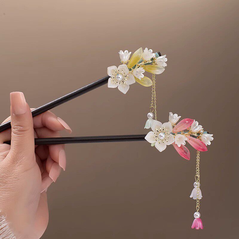 高级感古风花朵发簪女步摇流苏新中式汉服盘发钗木质简约手工簪子