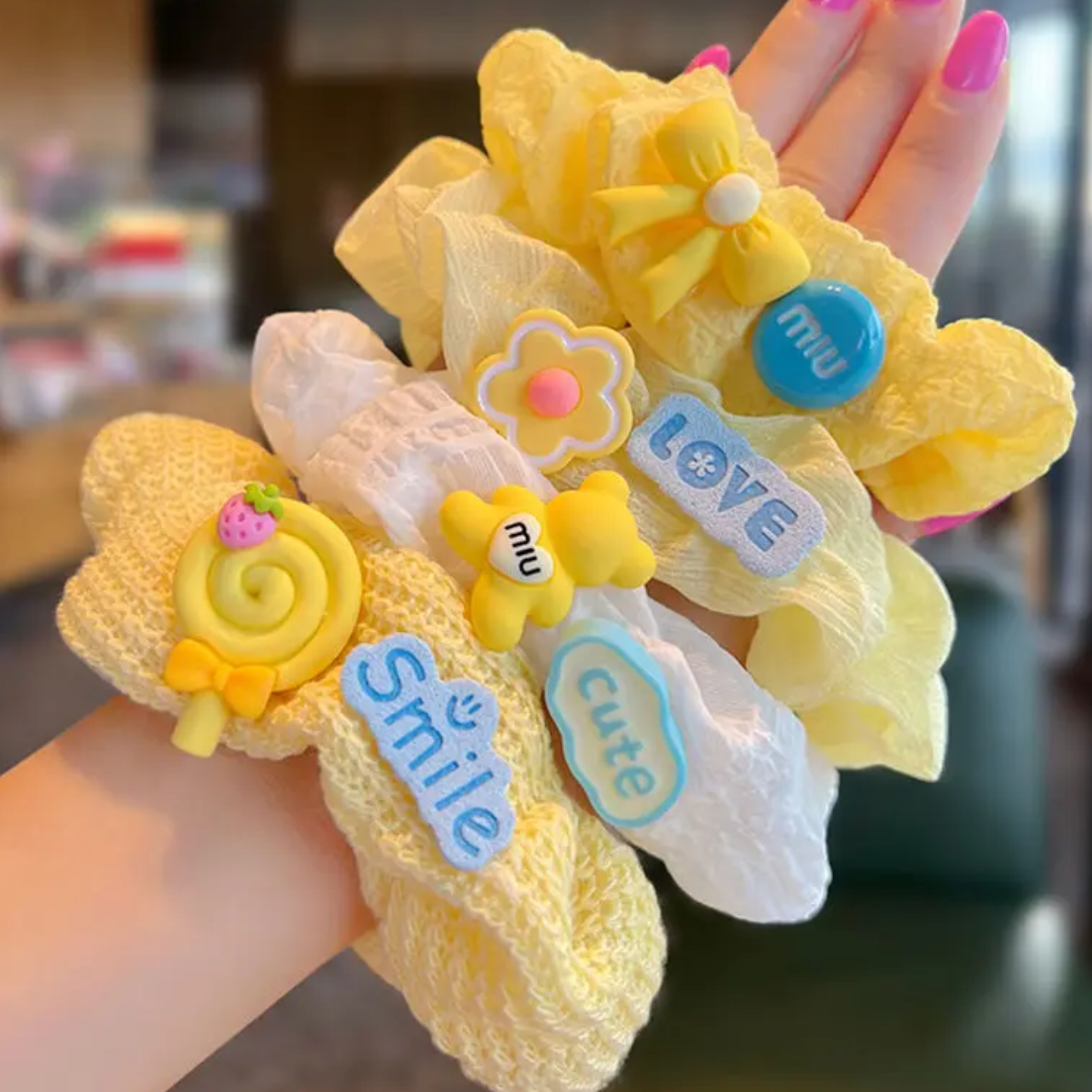 甜美少女黄色大肠发圈可爱花朵小熊发绳森系闺蜜头绳可爱发饰品