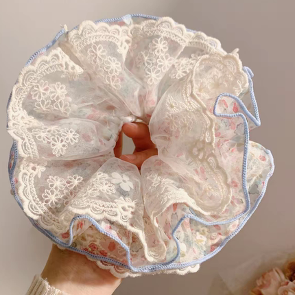 粉色碎花网纱大肠发圈女超大号高级感慵懒风头绳发饰丸子头百搭