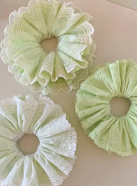 青苹果乐园韩系绿色蕾丝大肠发圈女高级感丸子头百搭大号发饰头绳