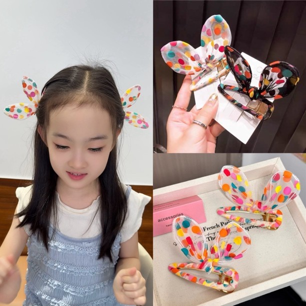 彩色波点兔耳发夹ins日韩国可爱刘海夹网纱少女侧边夹子发饰