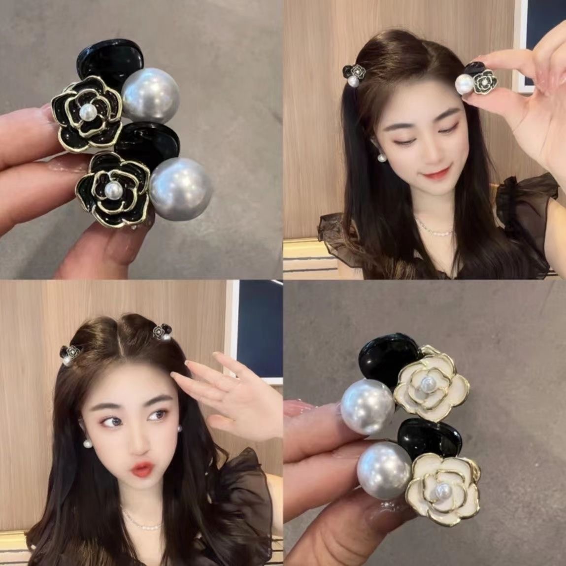 简约山茶花珍珠小抓夹侧边发夹后脑勺高级感碎发刘海夹子发卡头饰