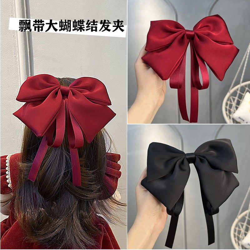 抓夹大号头饰发夹卡过新年酒红色小女孩公主后脑勺飘带头女童发饰