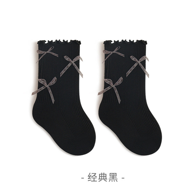 SHE IS EMMA早春新款 女婴幼童 韩版洋气木耳边蝴蝶结公主袜子
