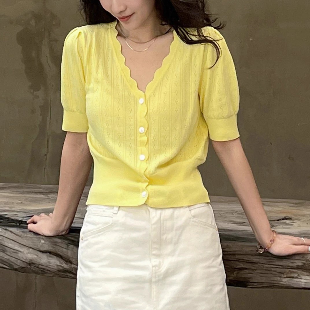 秘密盒子镂光叙事 可可推荐和纸纱凉感针织短袖开衫挑孔显瘦上衣