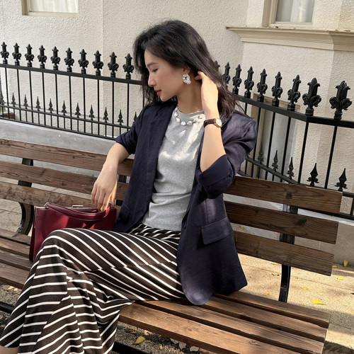 秘密盒子温网经典 100苎麻闲适感卡其藏青色精致包边法式西装外套