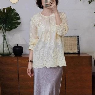 秘密盒子伊丽莎白 全件重磅精致全天丝亚麻刺绣提花套头衬衫上衣