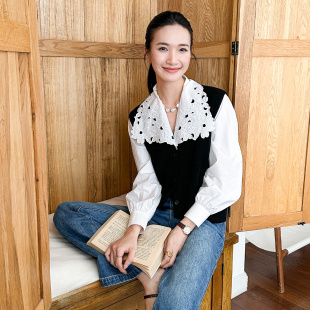 秘密盒子抒情节奏 波西米亚风重磅镂空刺绣全棉娃娃领白衬衫