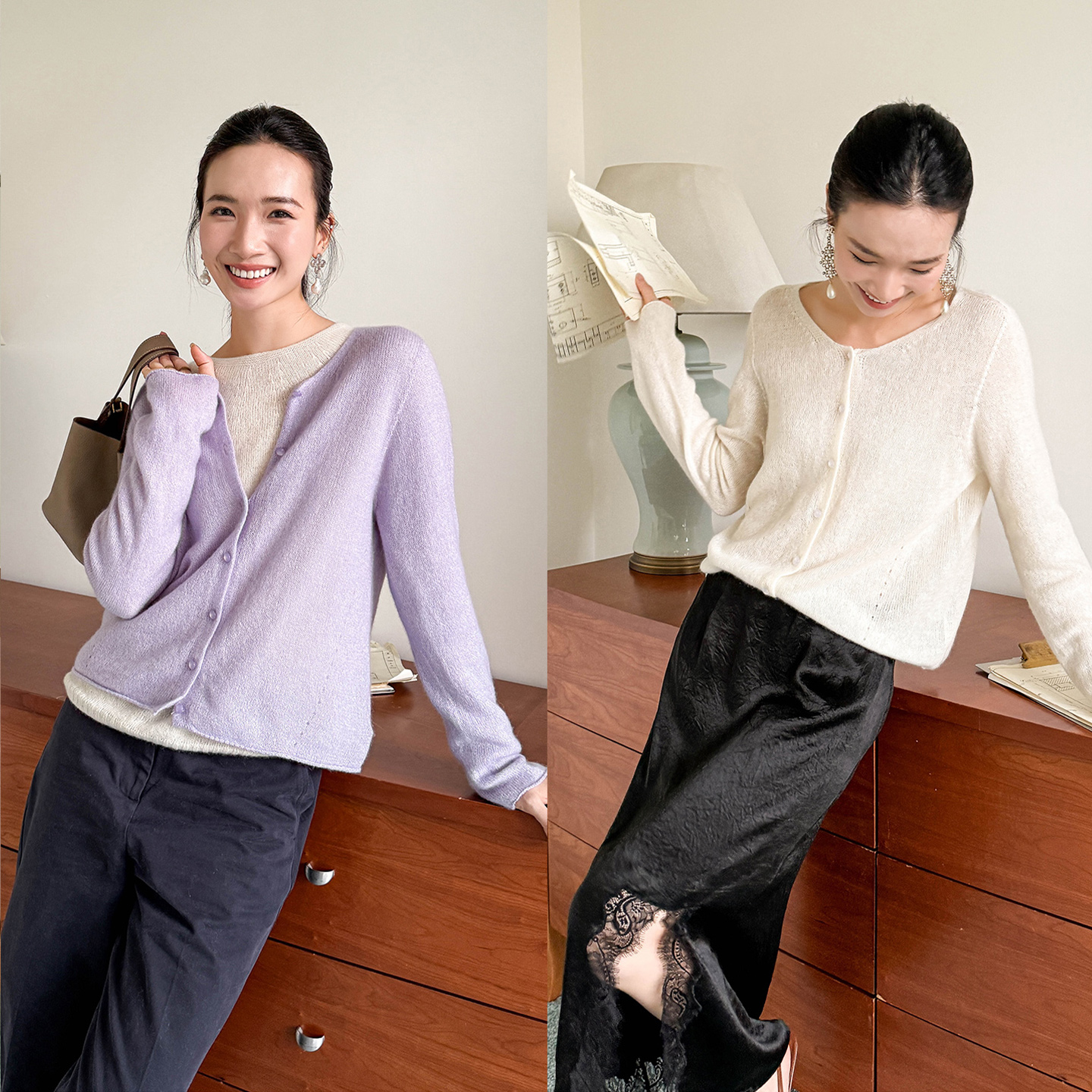 秘密盒子二重奏 真丝羊绒轻盈保暖精致气质极简4色针织开衫外套