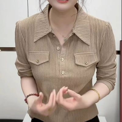 春秋打底气质polo领半开衬衫洋气百搭女高档上衣时尚显瘦宽松外套