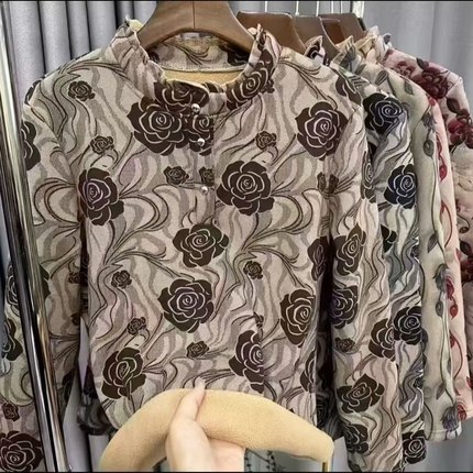 洋气妈妈碎花立领加绒加厚打底衫女士秋冬百搭长袖T恤中老年上衣