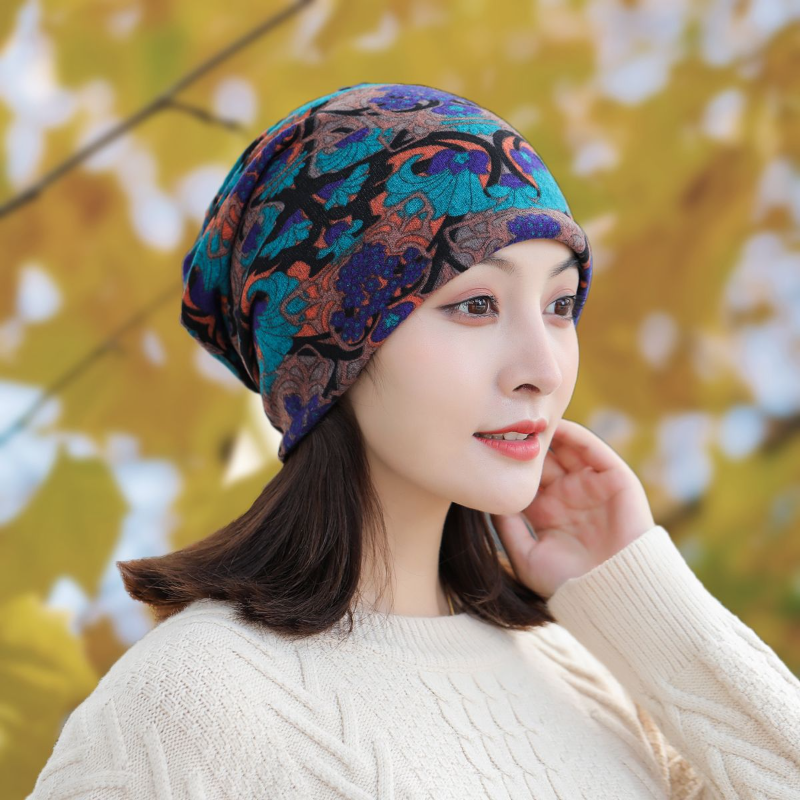 帽子女春秋韩版多用头巾帽包头帽冬套头帽脖套帽印花堆堆帽护耳帽