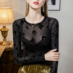 蝴蝶植绒亮丝网纱T恤女修身2026春季新款网纱内搭女装打底衫上衣