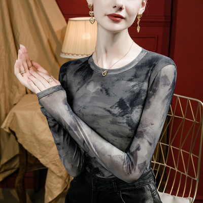长袖上衣女洋气长袖印花网纱内搭