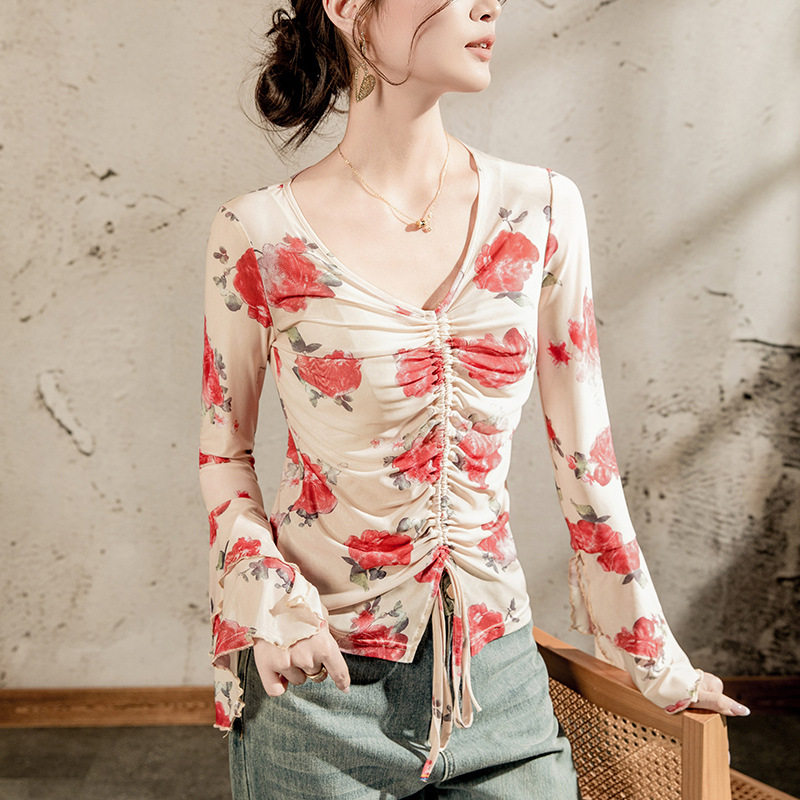 绑带调节V领网纱上衣女花瓣袖