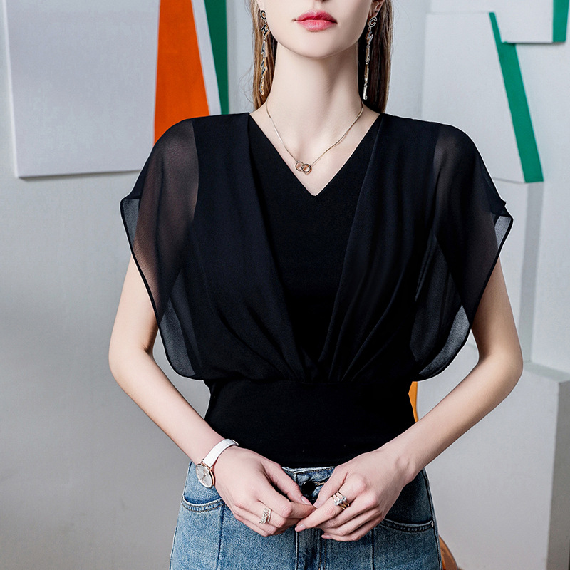 雪纺拼接假两件V领上衣女蝙蝠袖2025夏季新款时髦女装短袖T恤