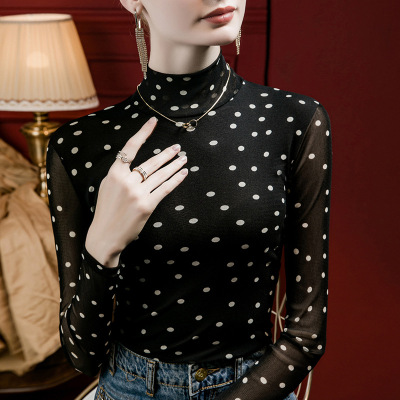 打底衫波点印花上衣长袖印花内搭