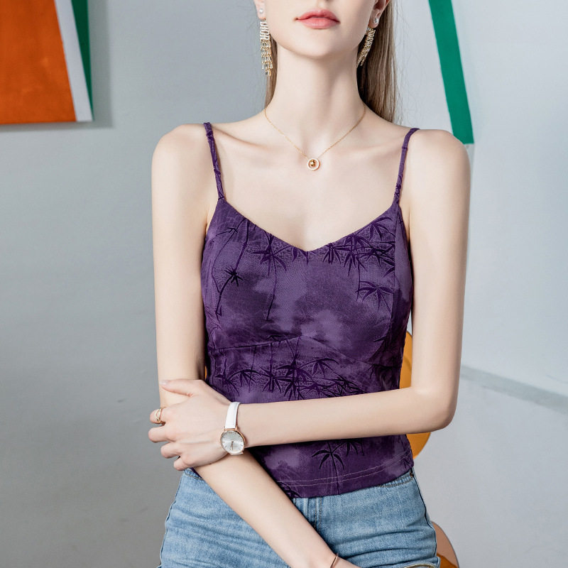 提花植绒吊带女内搭背心露背性感