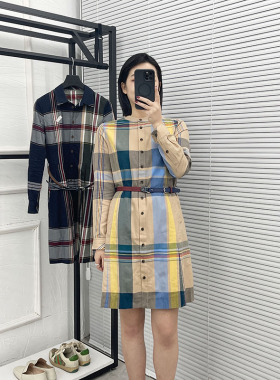 CHIOSTUDIOS韩国原单外贸配腰带经典全棉大循环格纹女士连衣裙092