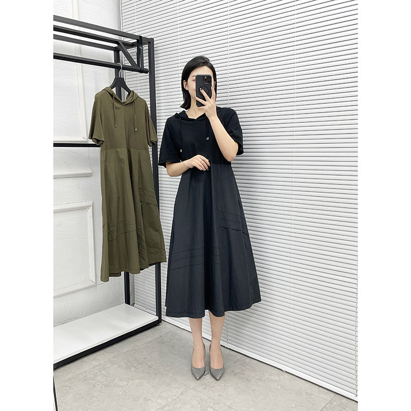 LYNN STUDIO女士短袖连衣裙连帽长裙短袖A字裙中腰韩版百搭110