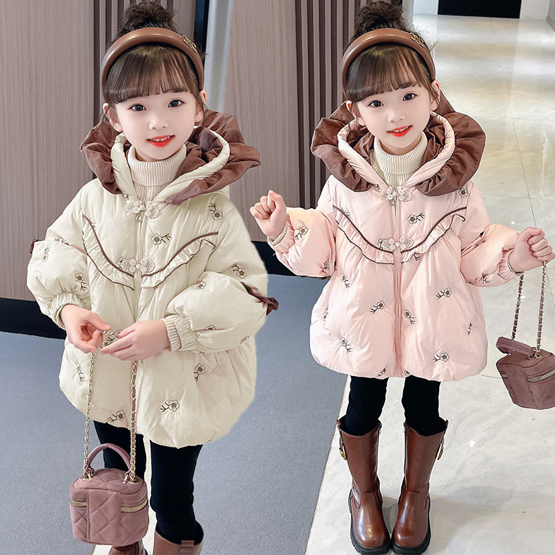 女宝宝洋气花朵绣花连帽棉衣冬装洋气韩版小女孩夹棉加厚棉袄外套