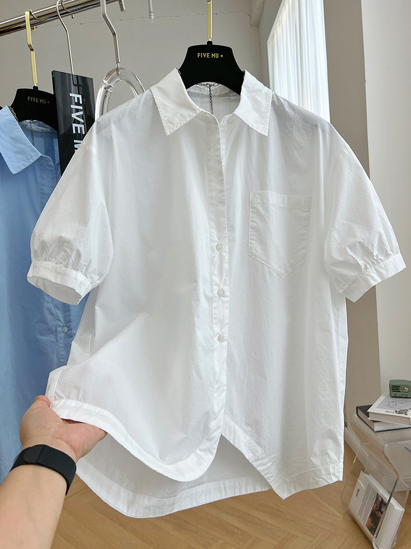 设计感小众高端纯棉布不规则短袖衬衫女夏季宽松法式休闲上衣洋气_虎窝淘