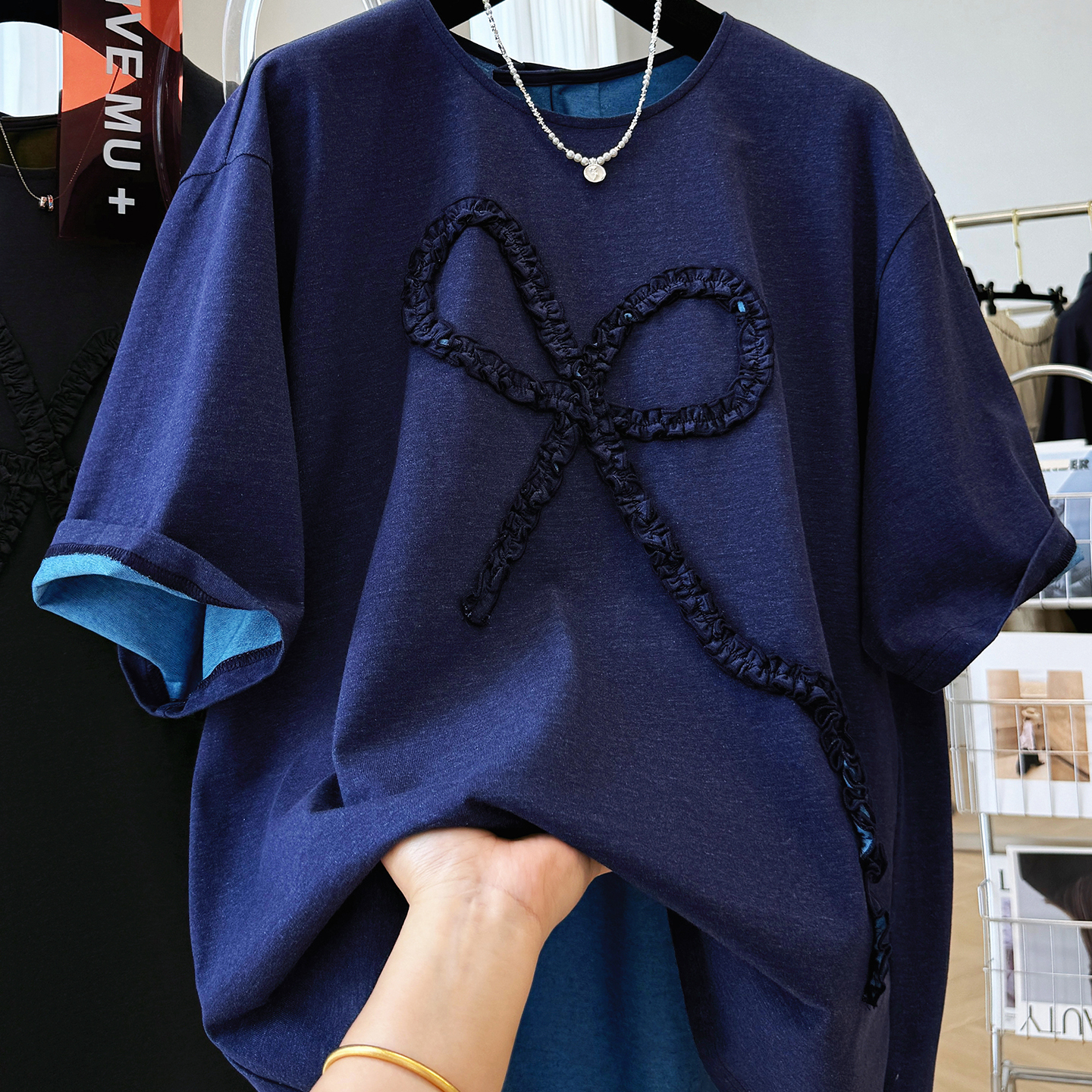 重工蝴蝶结纯棉宽松T恤女