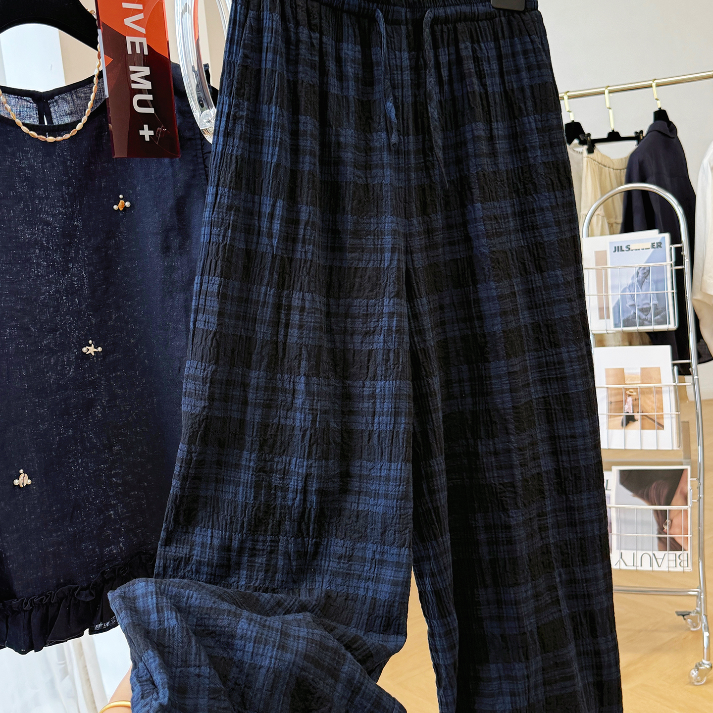 高级感复古纯棉格子休闲裤女夏季