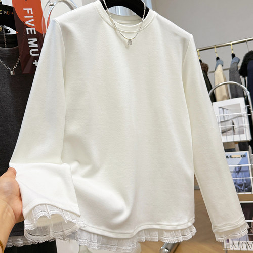 韩系木耳边磨毛德绒打底衫女秋冬