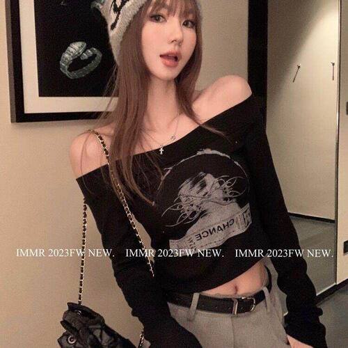 纯欲风性感一字领紧身短款t恤女士春秋新款内搭外穿露腰辣妹上衣