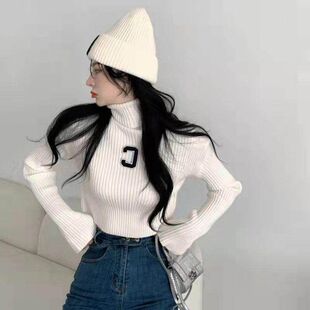秋冬高领毛衣女士紧身两翻领短款露脐针织衫洋气百搭打底外穿上衣