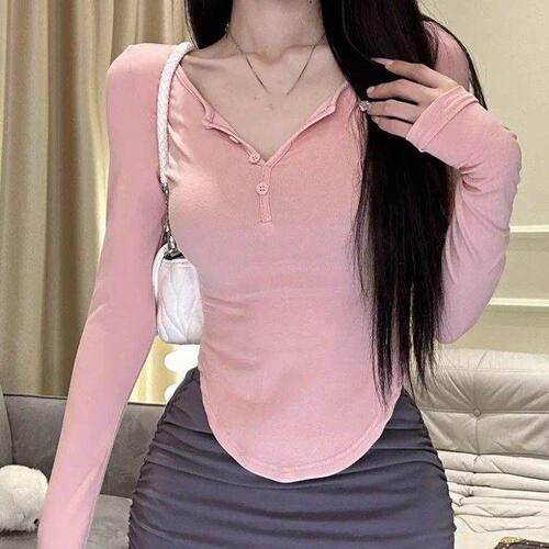 纯欲风下摆u型紧身t恤女士春秋季洋气深V领短款显胸大露锁骨上衣
