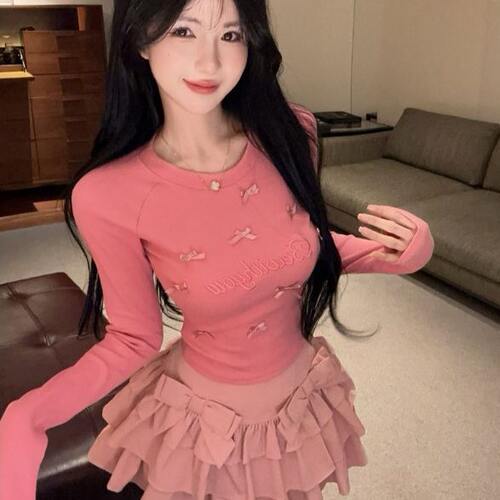甜美风可爱衣服紧身短款露腰t恤女学生春秋粉色减龄打底衫上衣冬