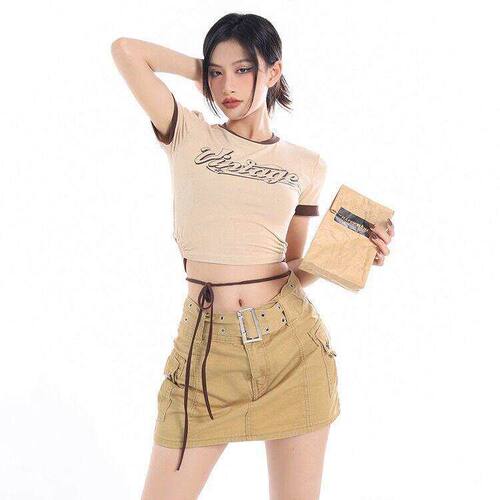 夏天穿搭美式上衣欧美风紧身绑腰短款露腰t恤女爵士舞练舞衣服潮