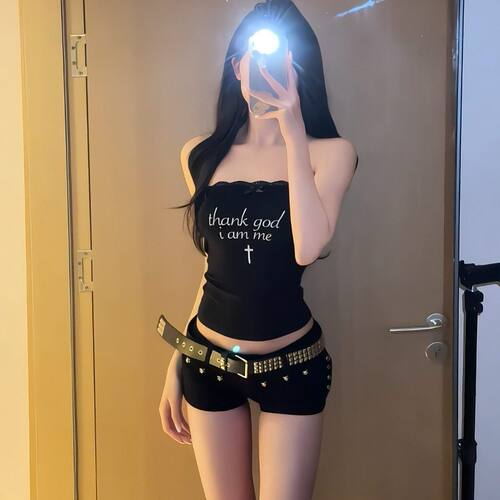 ins风搭配热裤的蕾丝抹胸式背心女学生夏季性感爵士舞蹈辣妹上衣