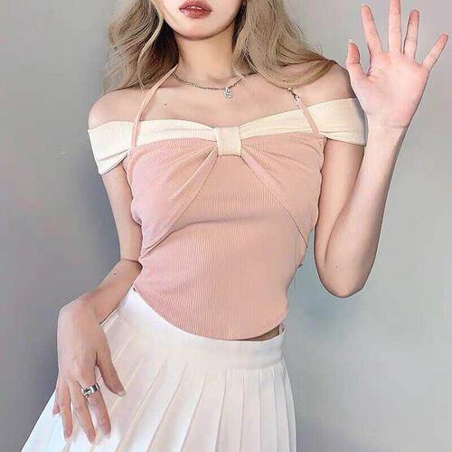 欧美风美式紧身辣妹t恤女士夏季纯欲风短款一字肩挂脖露琐骨上衣