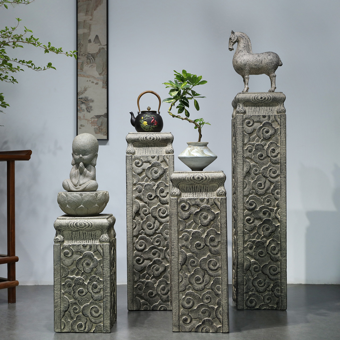 新中式祥云石柱子摆件庭院花园仿石墩盆景底座客厅玄关装饰展示柱