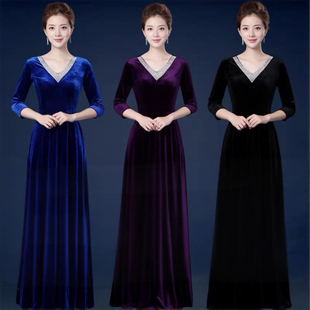 黑新款女士丝绒合唱服礼服长裙中老年合唱团演出服舞台指挥服礼服