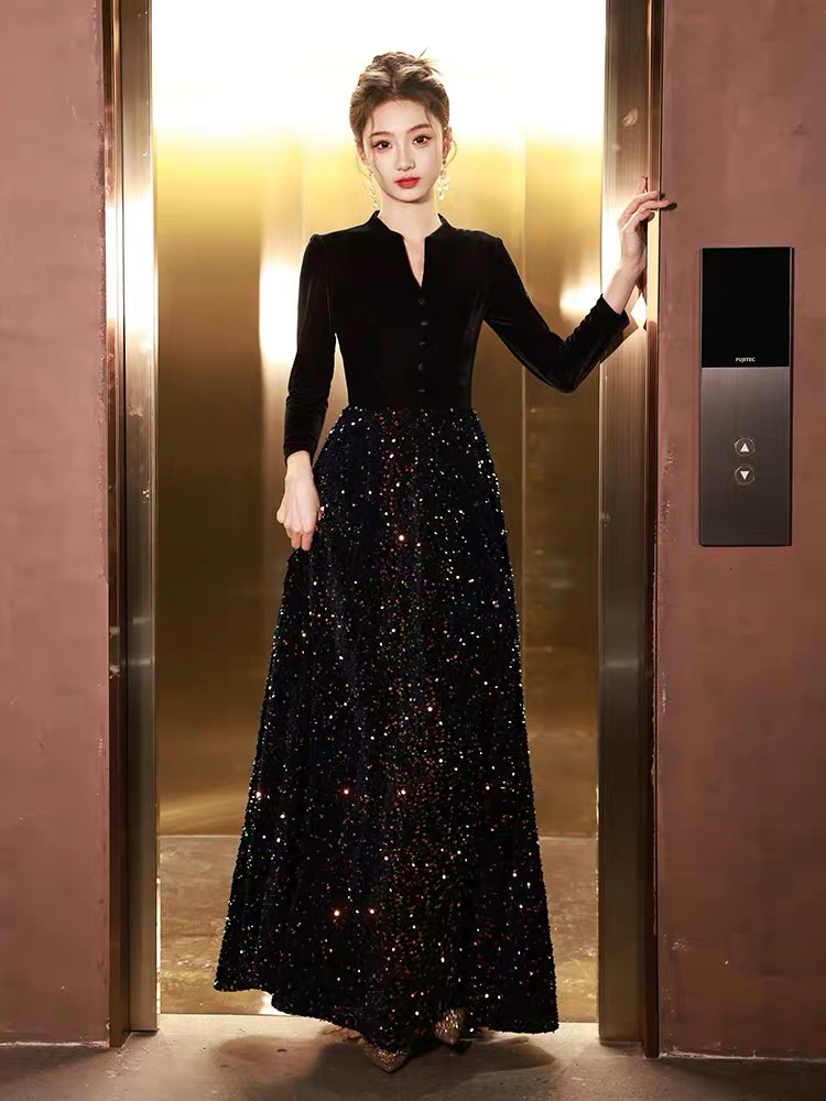晚礼服裙女宴会气质轻奢感轻奢小众轻奢黑色亮片连衣裙年会主持人