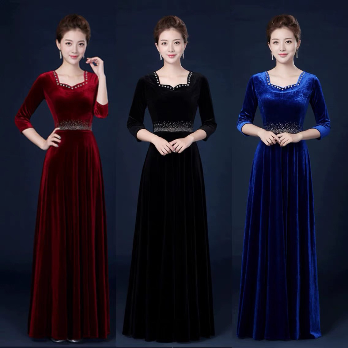 大合唱团演出服女成人长裙红诗歌比赛宴会主持表演衣服气质晚礼服
