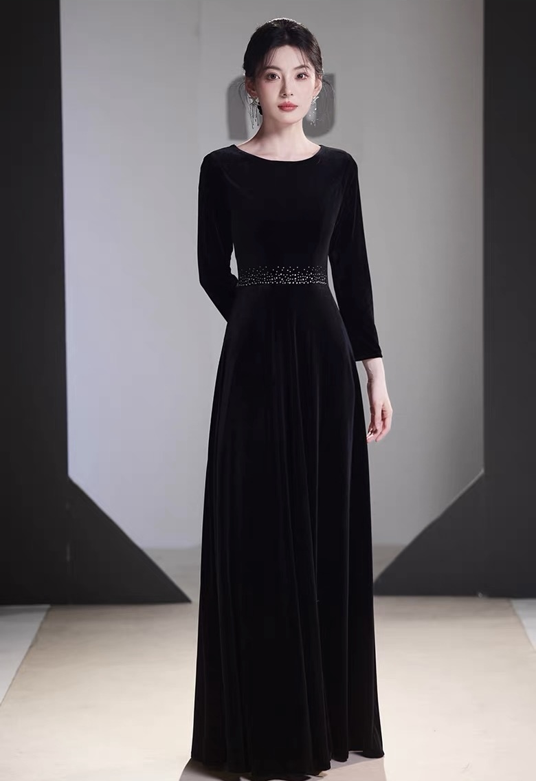 大合唱团钢琴表演黑色长袖指挥服年会主持女演出服晚礼服长裙成人