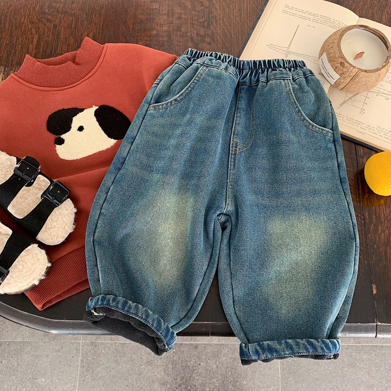 男童冬季日系牛仔裤加绒儿童百搭帅气一体绒柔软加厚长裤子潮酷